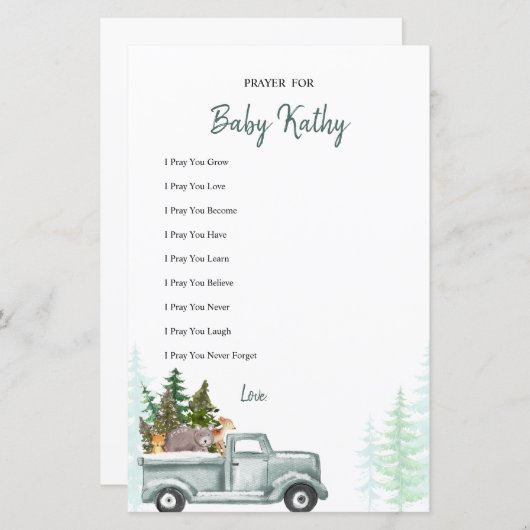 冬のウッドランド動物祈りの言葉ベビーカード (正面/裏面)