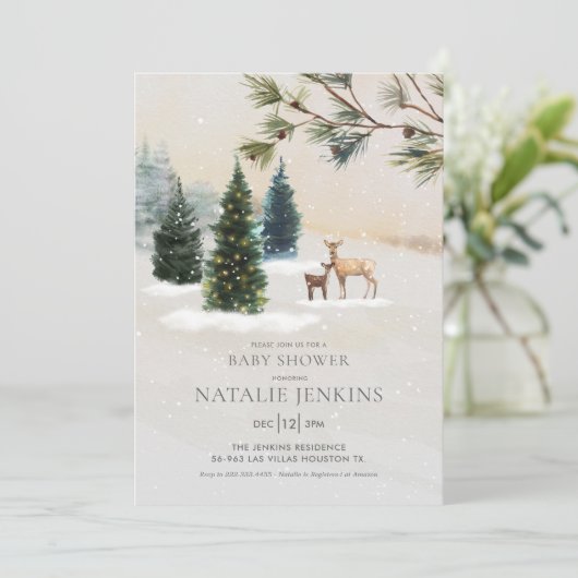 冬のウッドランド男女兼用の赤ちゃんシャワー 招待状 (スタンド正面)