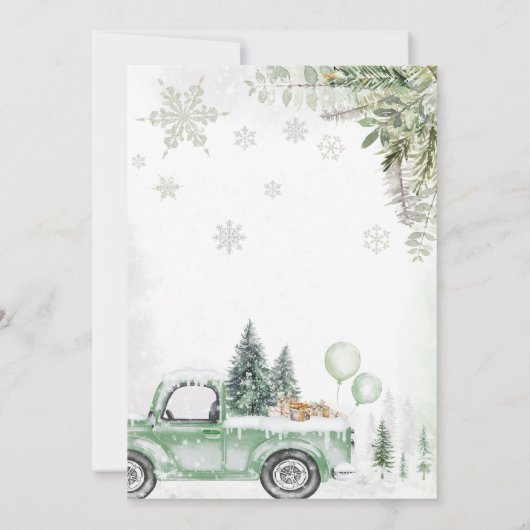 冬のウッドランド緑のトラック赤ちゃんシャワー 招待状 (裏面)