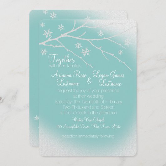 冬のウッドランド雪の結晶シルバーグレーとアクア 招待状 (正面/裏面)