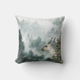 冬のウッドランド霧の山の森ヤングスタッグ クッション