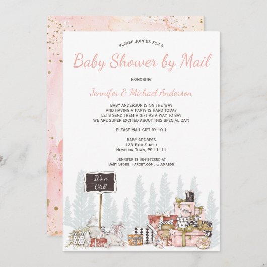 冬のウッドランド·ピンク·バニー·ベイビー·シャワー（郵便） 招待状 (正面/裏面)
