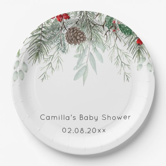 冬のエバーグリーンパインベビーシャワー紙プレート ペーパープレート (正面)