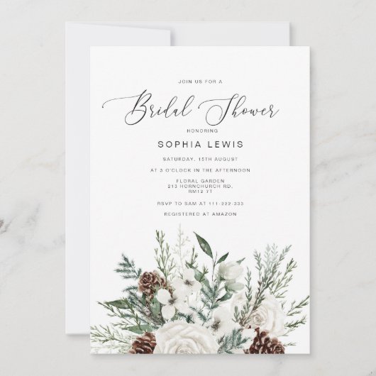 冬のエバーグリーンモダンフォトブライダルシャワー 招待状 (正面)