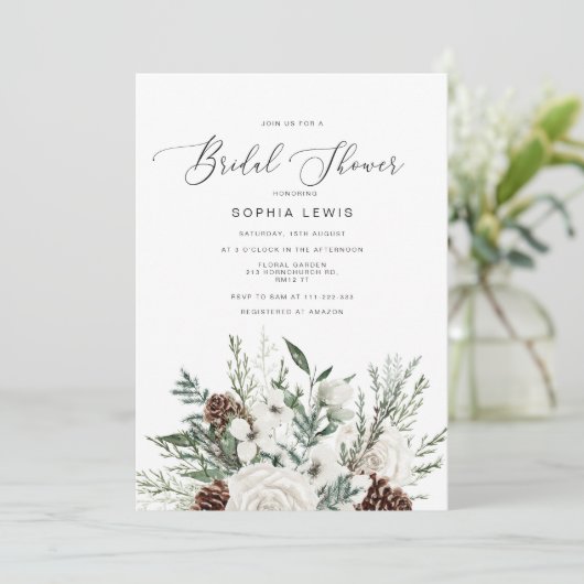 冬のエバーグリーンモダンフォトブライダルシャワー 招待状 (スタンド正面)