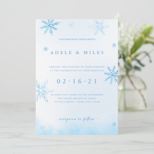 冬のエレガントスノーフレーク結婚式招待状 招待状 (スタンド正面)