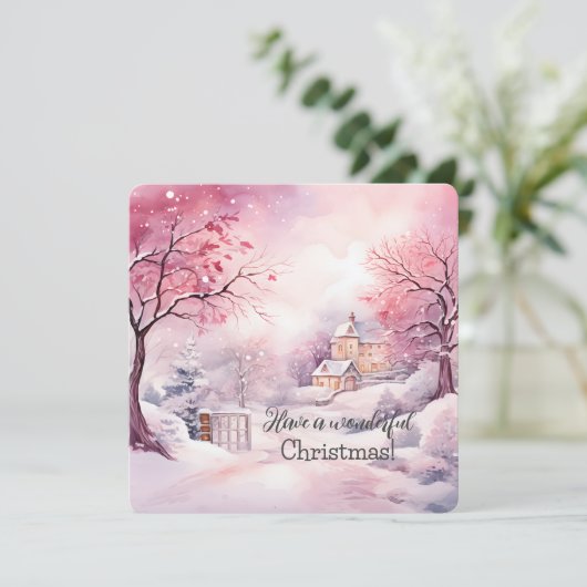 冬のエレガントピンクのクリスマスツリーシーン カード (スタンド正面)