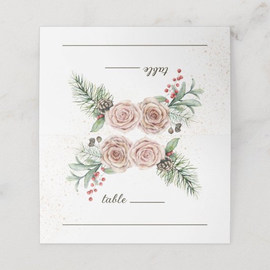 冬のエレガントピンクのバラ赤い果実の緑 プレイスカード (外部開封)