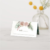 冬のエレガントピンクのバラ赤い果実の緑 プレイスカード (裏面)