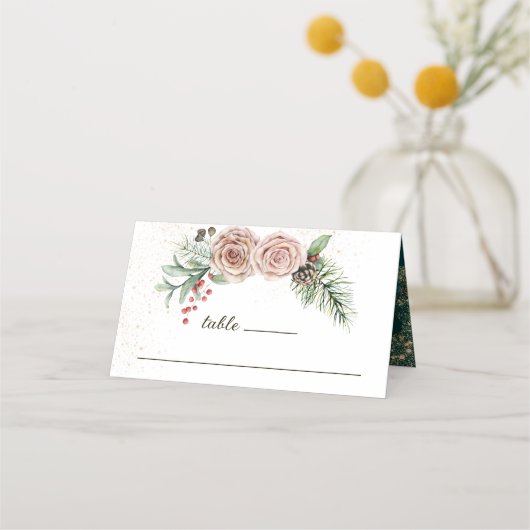 冬のエレガントピンクのバラ赤い果実の緑 プレイスカード (裏面)