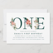 冬のエレガントフローラグリーン第1の誕生日パーティー 招待状 (正面)