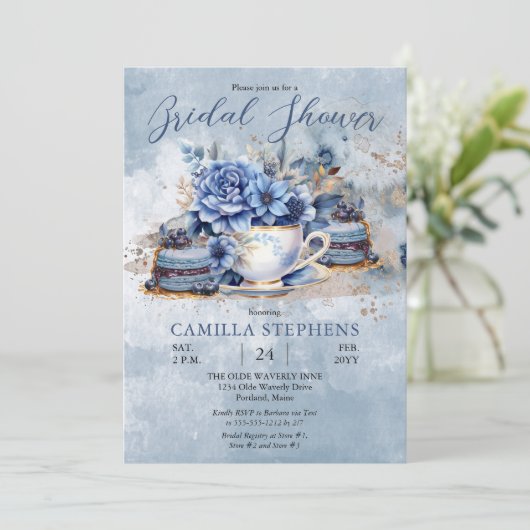 冬のエレガントフローラティーカップブライダルシャワー 招待状 (スタンド正面)