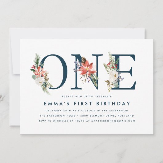 冬のエレガントフローラネイビー1st誕生日パーティー 招待状 (正面)