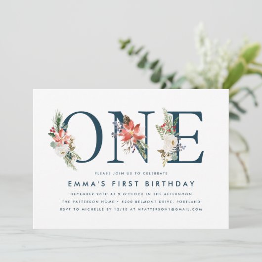 冬のエレガントフローラネイビー1st誕生日パーティー 招待状 (スタンド正面)