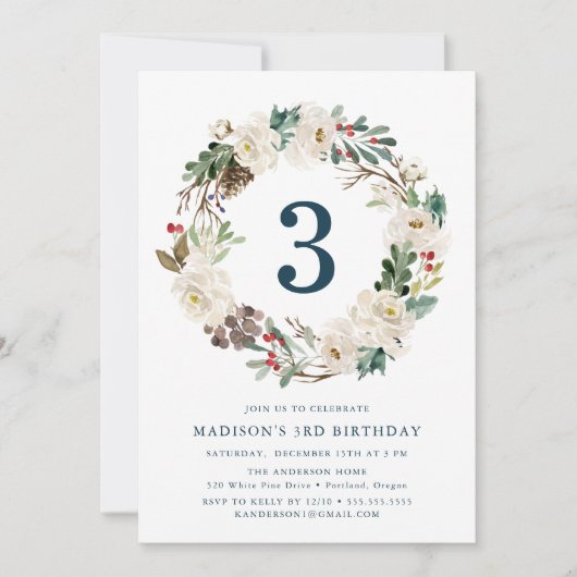 冬のエレガントフローラリースネイビーバースデーパーティー 招待状 (正面)