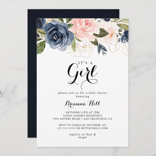 冬のエレガントフローラ女の子の赤ちゃんシャワー 招待状 (正面/裏面)