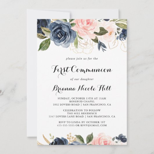 冬のエレガントフローラ書道の最初の聖餐式 招待状 (正面)