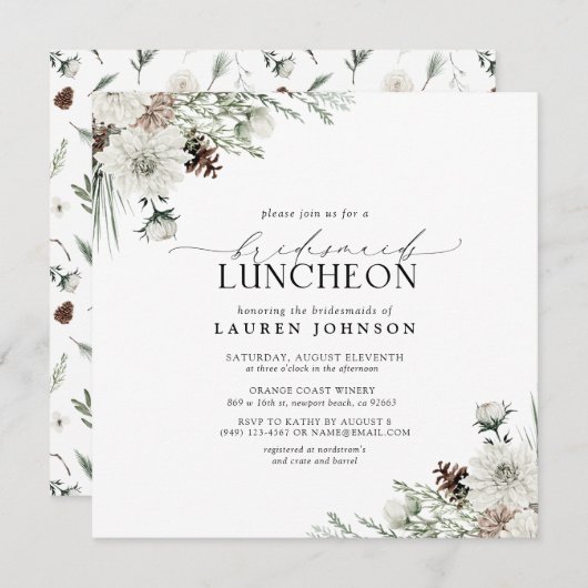 冬のエレガントフローラ水の色のブライダル昼食会 招待状 (正面/裏面)