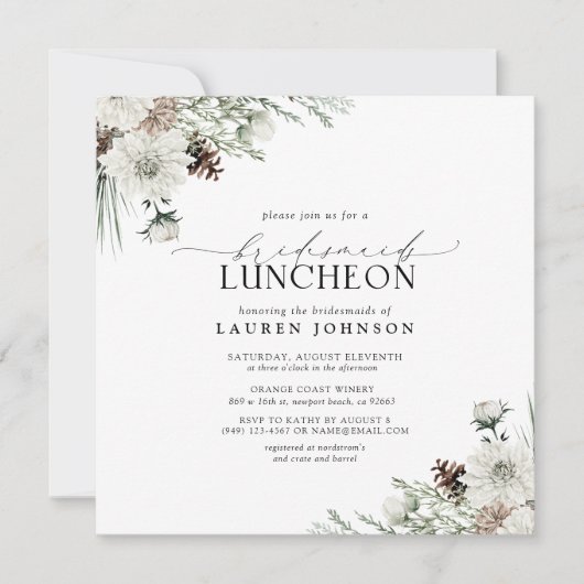 冬のエレガントフローラ水の色のブライダル昼食会 招待状 (正面)