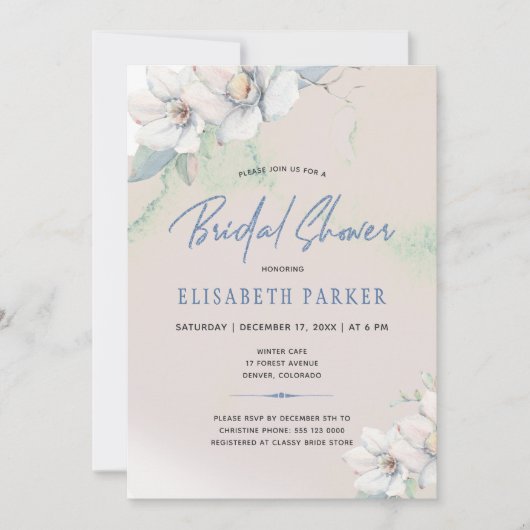 冬のエレガントフローラ水彩ブライダルシャワー 招待状 (正面)