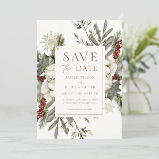 冬のエレガントフローラ結婚式の日付を保存 招待状 (スタンド正面)