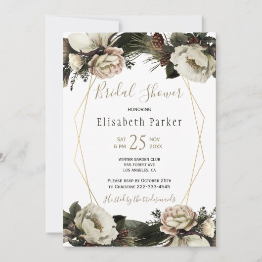 冬のエレガントフローラ金ゴールド幾何学的ブライダルシャワー 招待状 (正面)