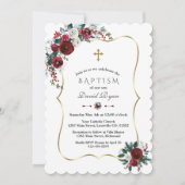 冬のエレガントブルゴーニュの花パインバプテスマ 招待状 (正面)