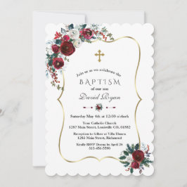 冬のエレガントブルゴーニュの花パインバプテスマ 招待状