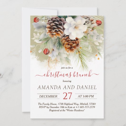 冬のエレガント常緑クリスマスブランチ 招待状 (正面)