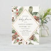 冬のエレガント常緑ポインセチア赤ちゃんシャワー 招待状 (スタンド正面)