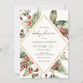 冬のエレガント常緑ポインセチア赤ちゃんシャワー 招待状