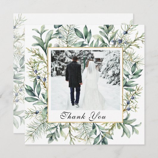 冬のエレガント常緑ユーカリ写真結婚の サンキューカード (正面/裏面)