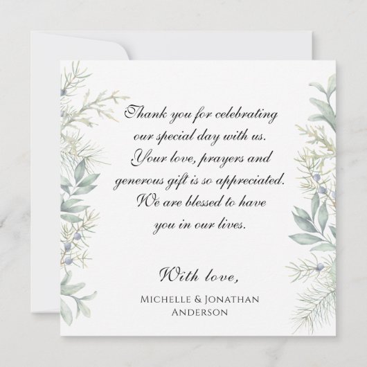 冬のエレガント常緑ユーカリ写真結婚の サンキューカード (裏面)