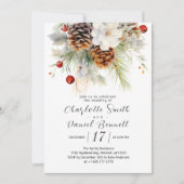 冬のエレガント常緑樹とローワンの実結婚果実 招待状 (正面)