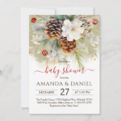 冬のエレガント常緑水色の赤ちゃんシャワー 招待状 (正面)