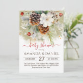 冬のエレガント常緑水色の赤ちゃんシャワー 招待状 (スタンド正面)