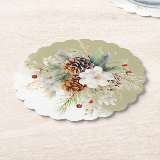 冬のエレガント常緑赤ちゃんシャワーパーティー ペーパーコースター (アングル)
