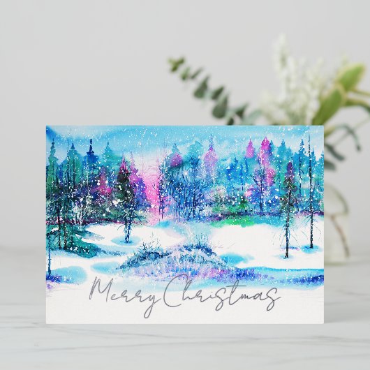 冬のエレガント森の水の色のクリスマス 箔シーズンカード (立ち正面)