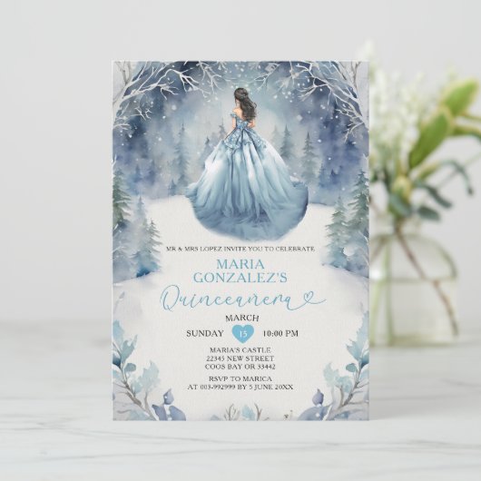 冬のエレガント森ほこりっぽいブルードレスキンセアニラ 招待状 (スタンド正面)
