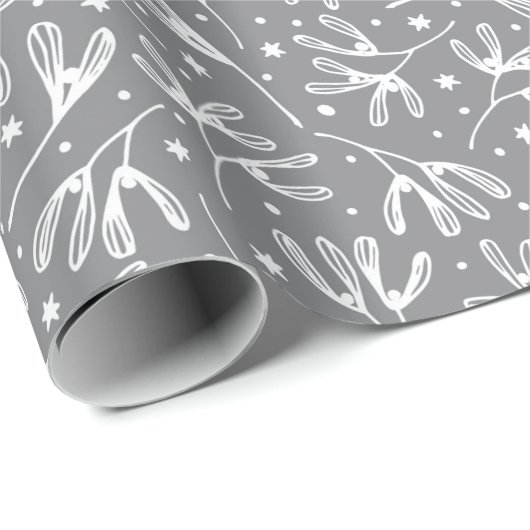 冬のエレガント植物学グレーと白ミスタントー ラッピングペーパー (ロールコーナー)