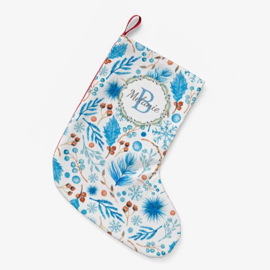 冬のエレガント水彩模様モノグラムリース スモールクリスマスストッキング (正面 (吊り時))