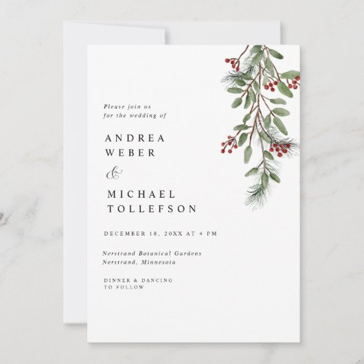 冬のエレガント結婚式の熱狂的な緑の侵略 招待状 (正面)