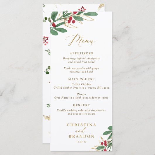 冬のエレガント結婚式メニューまたはクリスマスメニュー メニュー (正面/裏面)