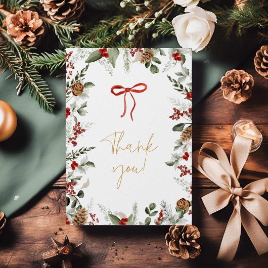 冬のエレガント緑とホリーの赤ちゃんシャワー サンキューカード