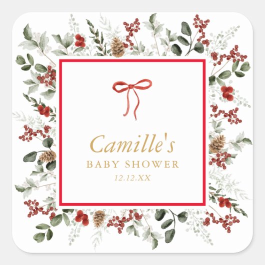 冬のエレガント緑とホリー赤ちゃんシャワー スクエアシール (正面)