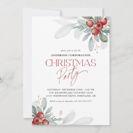 冬のエレガント緑のオフィスのクリスマスパーティー 招待状 (正面)