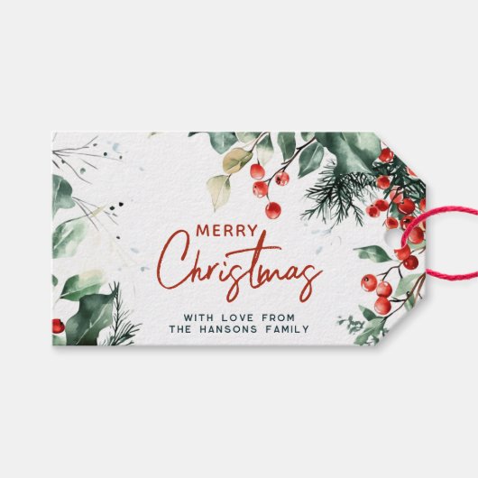 冬のエレガント緑のメリークリスマスカスタム ギフトタグ (正面(横))