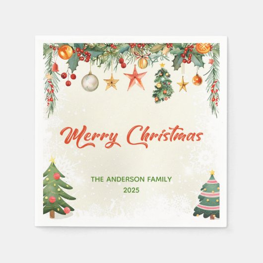 冬のエレガント緑のメリークリスマスナプキン スタンダードカクテルナプキン (正面)