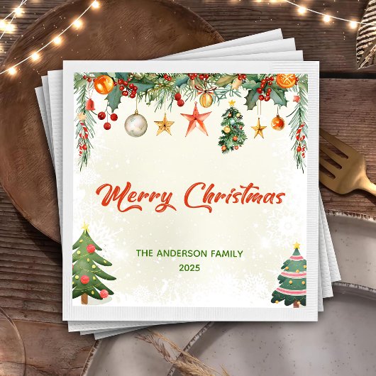 冬のエレガント緑のメリークリスマスナプキン スタンダードカクテルナプキン