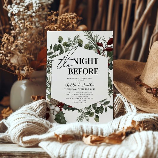 冬のエレガント緑の写真のリハーサルディナー 招待状
